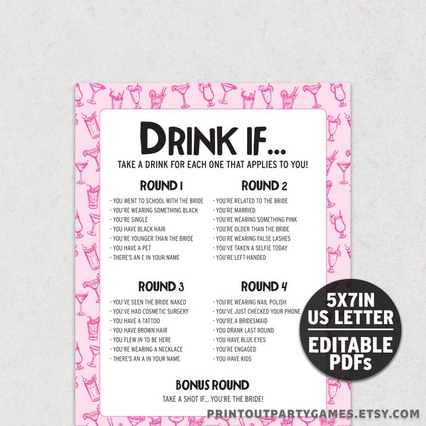 Drink If Bachelorette Drinking Game, Editable Hen Party Drinking Game BC1 BDI