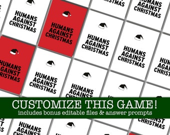 Könnte beinhalten: Ein Kartenspiel mit dem Text "HUMANS AGAINST CHRISTMAS" in Schwarz, mit einem Weihnachtsmützen-Symbol. Einige Karten sind rot, andere weiß. Ein grünes Banner unten zeigt "CUSTOMIZE THIS GAME!" mit zusätzlichem Text.