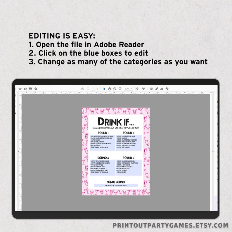 May include: A digital game template displayed on a tablet. The game, titled "Drink If...", features pink cocktail graphics and editable text boxes. Instructions for editing the template are at the top. The Etsy shop URL is at the bottom.