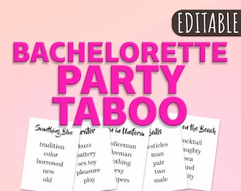 Bachelorette Taboo Kartenspiel, 48 bearbeitbare Karten, DIGITAL DOWNLOAD druckbares Brautspiel, lustige Hen Party Spiele, schwarz & weiß, Druck auf Kraftpapier