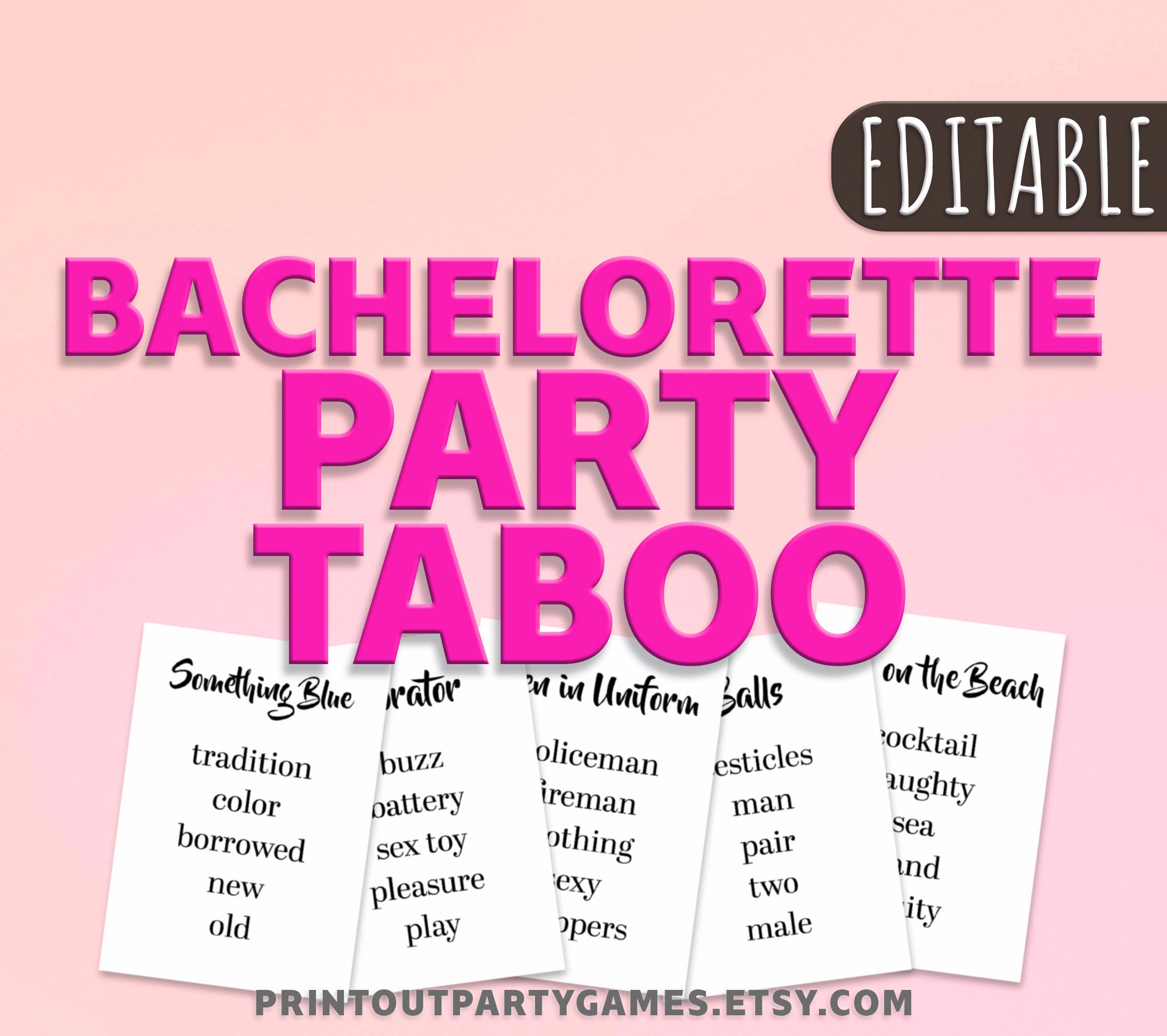 Bachelorette Taboo Card Game 48 Editable Cards DIGITAL DOWNLOAD bachelorette-taboo-card-game-48-editable-cards-digital-download