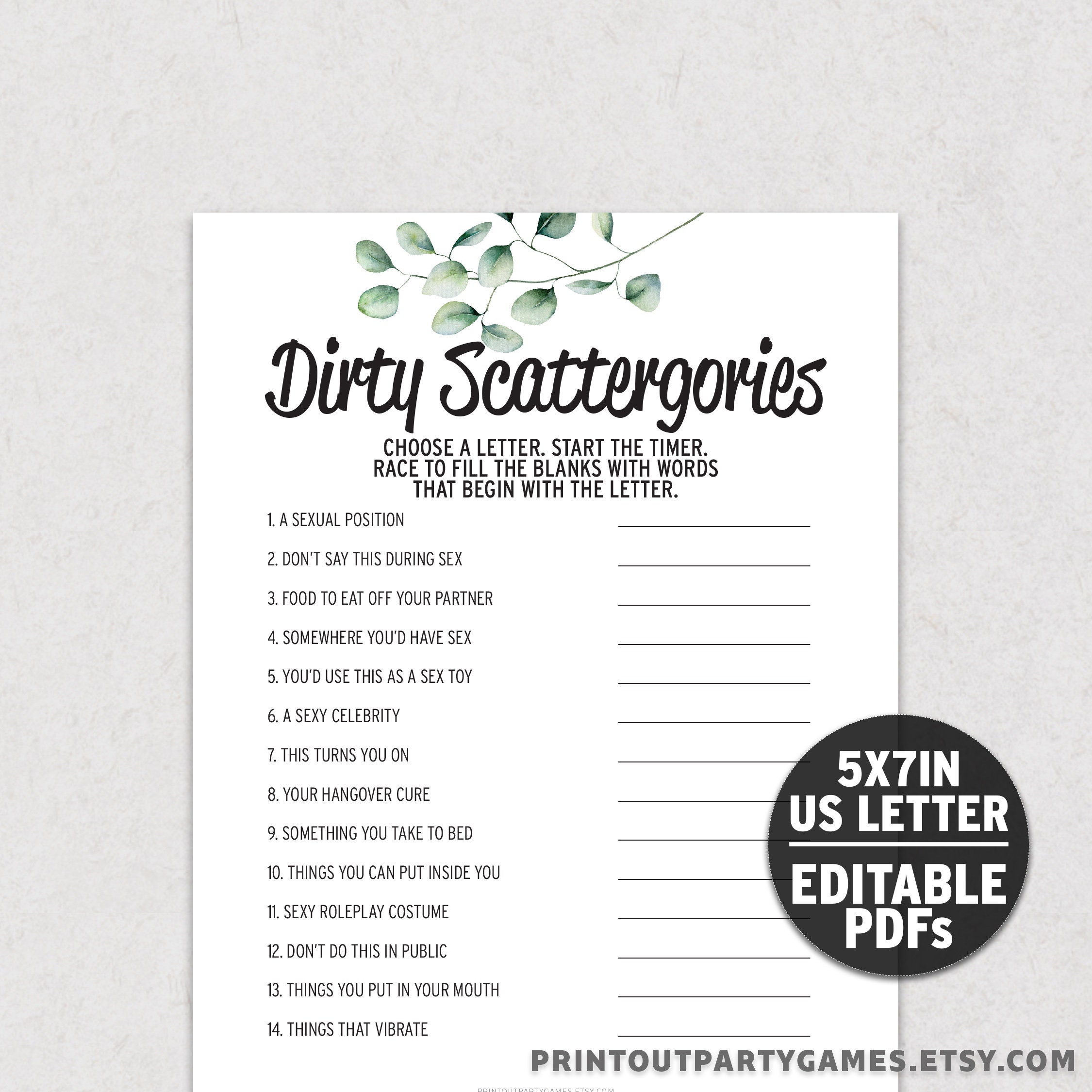 Dirty Scattergories Game, Funny Girls Night Game for Bachelorette or ...