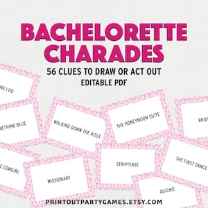 Vrijgezellenfeest Charades/pictionary, grappige vrijgezellenfeestspellen, vrijgezellenfeesten, bewerkbare afdrukbare game BC1 BCH