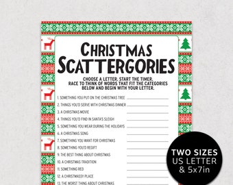 May include: A printable Christmas Scattergories game with a festive red, green, and white border. The game includes categories like Christmas movies and traditions. Available in US Letter and 5x7 inch sizes. The text "Christmas Scattergories" is at the top.
