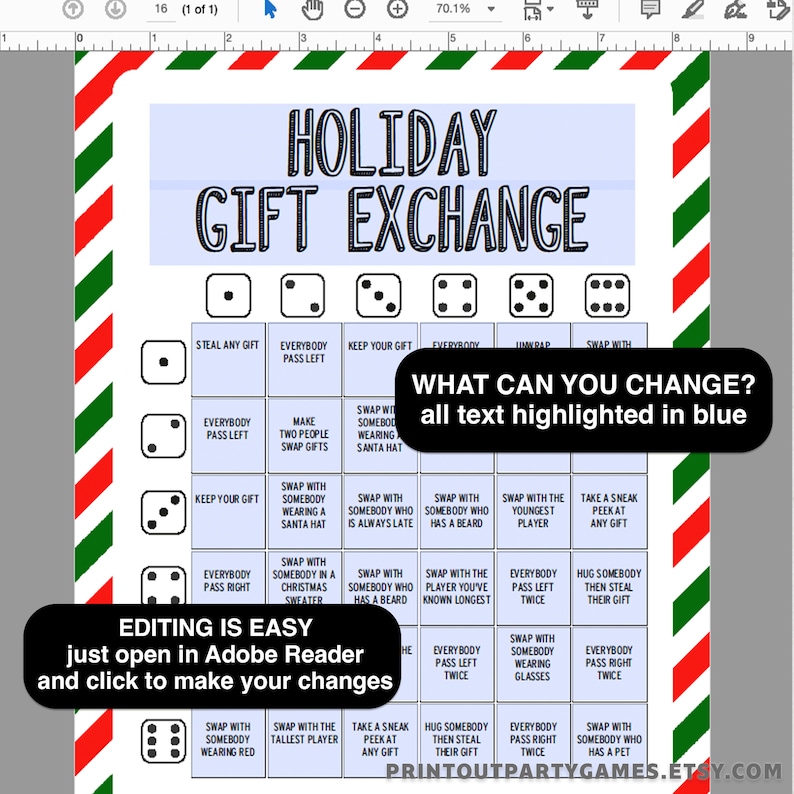 Two Dice Gift Exchange Game, Editable Digital Download Change All the
