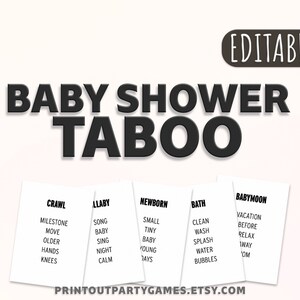Juego Tabú EDITABLE para Baby Shower, 48 Tarjetas, Descarga Digital, Juego Imprimible, Divertidos Juegos en Grupo para Baby Shower, Blanco y Negro, Impresión en Papel Kraft