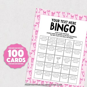 Bingokaartsjabloon, bingokaartgenerator met 100 unieke kaarten voor automatisch invullen, verjaardag, vrijgezellenfeest, kantoor, grappig bingofeestspel BC1