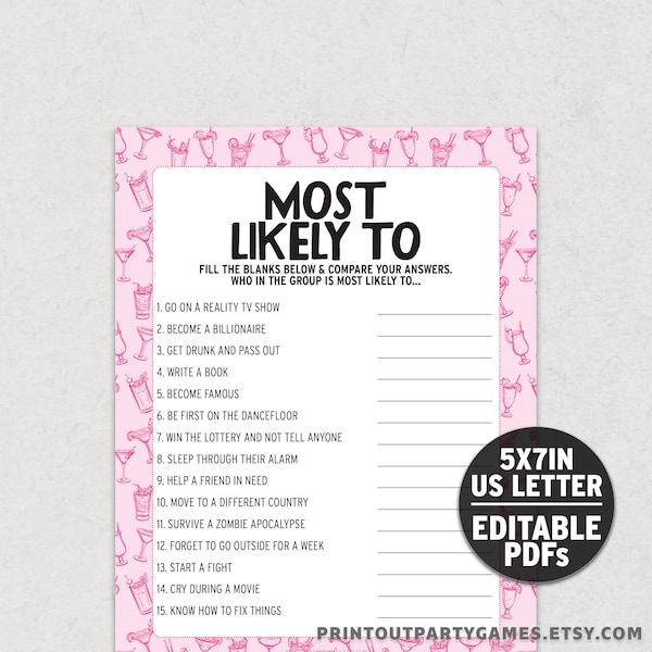 Most Likely To Game, Funny Bachelorette Party Game, Pink Cocktails Theme Editable Game, Hen's Night Activity BC1 BMLT