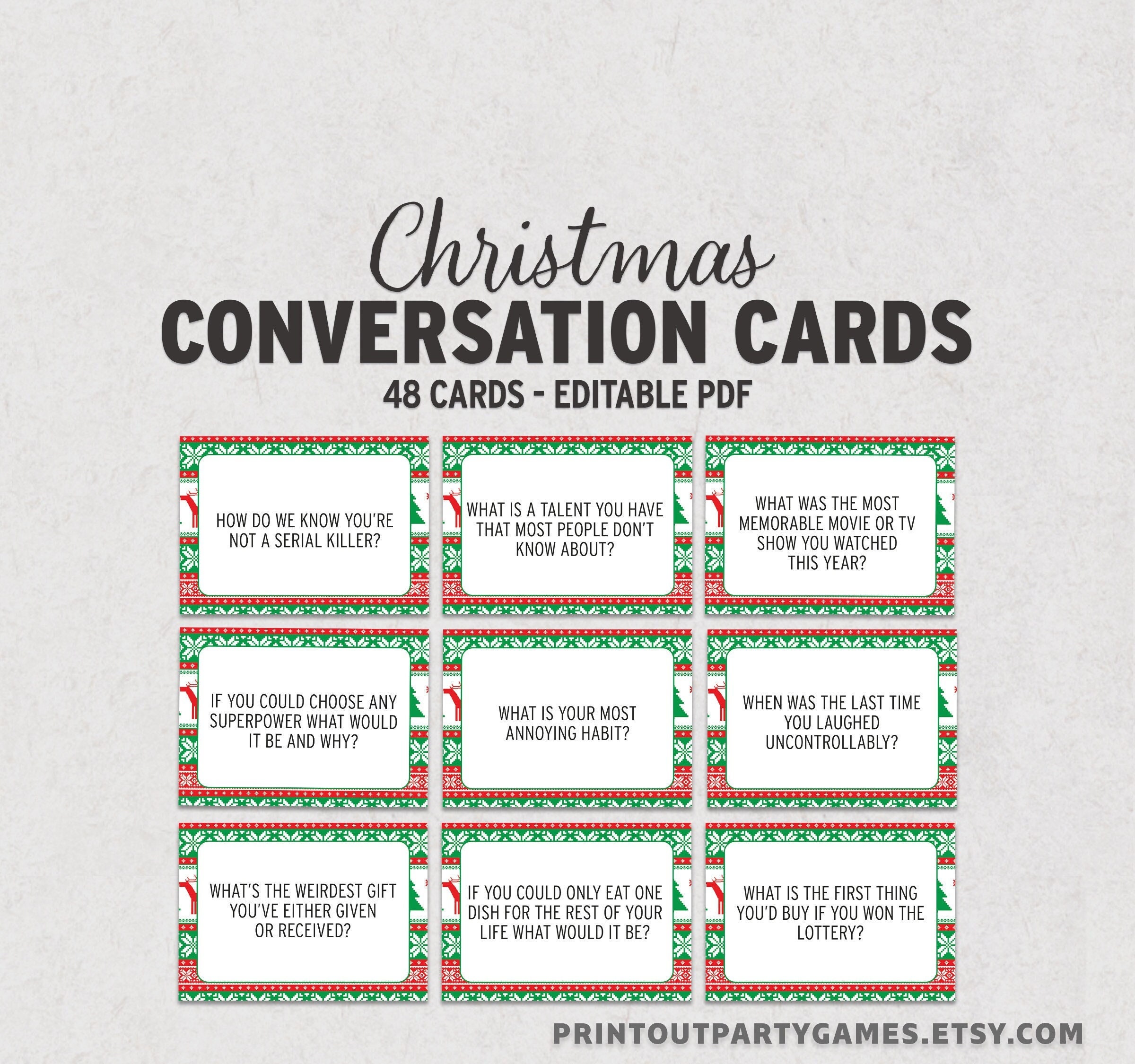 Conversation Cards, Festive Ice Breaker Questions, Christmas Sweater Theme Editable Printable 