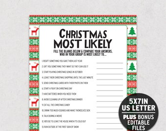 May include: A printable Christmas game card titled "Christmas Most Likely." The card features a festive red, green, and white border with reindeer and Christmas tree graphics. The game includes fill-in-the-blank prompts for players to answer.