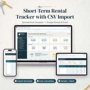 Kurzzeitvermietungs-Tabelle mit CSV-Import, Einkommensverfolgung für Ferienwohnungsvermieter, Google Sheets & Excel, Auslastung, Auszahlungen, Gewinn- und Verlustrechnung