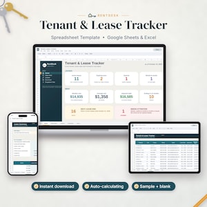 May include: A digital Tenant & Lease Tracker spreadsheet template for Google Sheets and Excel displayed on a computer monitor, a tablet, and a smartphone, featuring data dashboards for leases, rent, and tenant information.