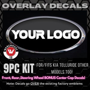 Fits For KIA Models Custom Vinyl Overlay Decals Stickers 3PC Kit Includes Grille, Front, Steering Wheel Decals. Bonus Center Cap Decals