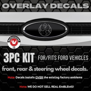 Fits For All Fords Rebel Star Logo Black-Metallic Silver Overlay Logo Emblem Decals 3PC Kit.  Front, Rear and Steering Wheel Decals