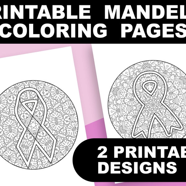 Breast Cancer Awareness Mandela Coloring Page Bundle, 2 Printable Coloring Pages