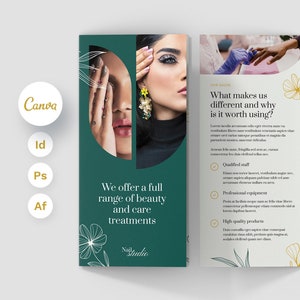 May include: A green and gold brochure for a nail salon. The brochure has a price list for services such as manicures, pedicures, and nail art. The brochure also includes a description of the salon's services and why they are worth using.