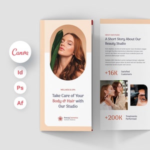 Beauty Cosmetics Brochure Tri-Fold Canva Template, Nails and Eyelashes Stylist, Hair Salon, Esthetician and Medical Brochure Template