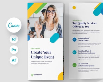 Plantilla tríptico para folleto de eventos empresariales (Canva, InDesign, Photoshop, A4, Carta EE. UU.)