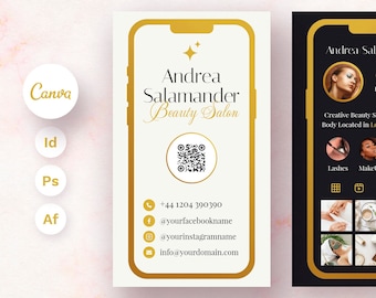 Esthetician Business Card Template, Gold Accents, Cell Phone Design (Canva, Adobe, Affinity)