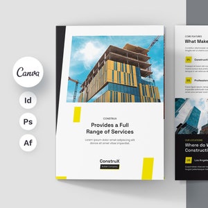 May include: A brochure for a construction company called ConstruX. The brochure features a photo of a building under construction, a photo of workers on a construction site, and text that highlights the company's core features and services. The text includes the phrase "Provides a Full Range of Services".