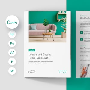 Furniture Catalog Brochure Bi-Fold Canva Template, Product Catalog, Marketing Product Sheet, MS Word Template, Furniture Service Brochure