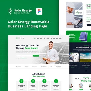 May include: A website landing page for a solar energy company. The page features a green and white color scheme with images of solar panels and a man in a hard hat. The text on the page includes the company's name, "Solar Energy", and the tagline, "Electricity from the Sun". The page also includes a call to action to "Get a Quote".