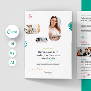 Peut inclure: Une brochure d'agence de marketing blanche et verte avec un design coloré. La brochure présente une photo d'une femme souriante tenant une tablette, une photo d'un groupe de personnes travaillant ensemble et un texte qui dit "Salomone agency. We are the experts." La brochure comprend également une liste des services proposés par l'agence, tels que "Service complet", "100% personnalisé" et "Les meilleures conversions".