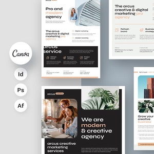 Modelo de panfleto editável do Canva – Agência criativa, folheto de marketing, promoção de negócios, tamanhos A4 e carta dos EUA, estudo de caso, panfleto comercial