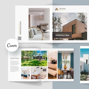 Architeo Architecture Canva Portfolio Template, Brochura de Design de Interiores, Oferta de Arquiteto e Designer, Portfolio Square, Catálogo de Produtos