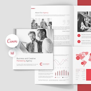 May include: A brochure for a business and creative marketing agency. The brochure features a black and white photo of a group of people working together, a world map with red highlights, and a graph. The brochure also includes the text "Business and Creative Marketing Agency" and "$3,000,000".