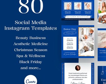 Puede incluir: Una colección de 80 plantillas de Instagram para redes sociales para negocios de belleza, medicina estética, temporada navideña, spa y bienestar, Black Friday y más. Las plantillas presentan un esquema de color azul y blanco con imágenes de personas que reciben tratamientos de belleza. El texto "Botox Day" aparece en varias de las plantillas.