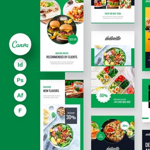 Plantilla de Instagram de comida, publicaciones de Instagram para dietistas, plantilla de Canva para bloggers de comida, plantillas de Instagram para restaurantes, plantilla de Canva y Figma