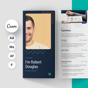 May include: A resume template with a photo of a man, a blue and red color scheme, and the text "I'm Robert Douglas, web designer & illustrator". The resume lists experience as a UX designer, graphic designer, and printing house operator.