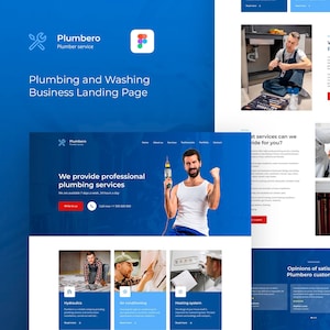 Puede incluir: Una página de aterrizaje de sitio web para una empresa de fontanería llamada Plumbero. La página presenta un esquema de color azul y blanco con imágenes de fontaneros trabajando en varias tareas de fontanería. El texto en la página destaca los servicios de la empresa, que incluyen fontanería, calefacción y aire acondicionado. La página también incluye testimonios de clientes satisfechos.