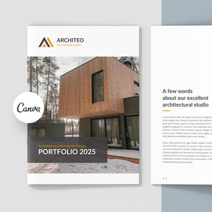 Architeo Architecture Portfolio Canva Template, 24 páginas totalmente editáveis para freelancers criativos, modelo de brochura A5 bifold, design minimalista