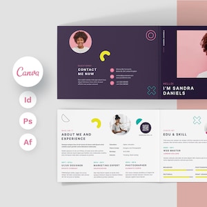 Plantilla de currículum de Canva, folleto plegable horizontal, plantilla de currículum horizontal, diseño de currículum de diseñador creativo, diseño de currículum oscuro y claro