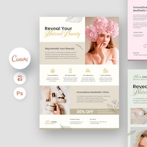 May include: Aesthetic clinic advertisement with the text "Reveal Your Natural Beauty." The flyer features a woman with a floral headpiece, cosmetic products, and icons representing services like facial aesthetics and skin rejuvenation. The clinic offers a 30% discount.