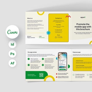 Brochure per app mobile pieghevole orizzontale, app informativa e promozionale, modello Canva, mockup per iPhone, formato A5 e mezza lettera, download istantanei