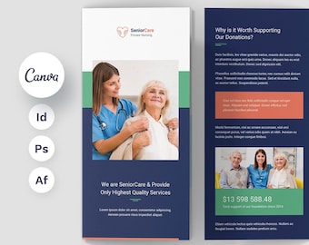 May include: A tri-fold brochure for SeniorCare, a private nursing service. The brochure features a photo of a nurse caring for an elderly woman, a photo of a group of seniors, and a photo of a doctor talking to a patient. The brochure also includes statistics about the organization's donations and financial assistance. The text on the brochure reads "Why is it Worth Supporting Our Donations?" and "We have already been trusted by many. Join them today!"