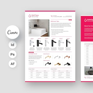 Tap Technische Daten Flyer Canva Vorlage, Produktbeschreibung, Datenblätter, Badezimmerausstattung, Vitrine, vollständig bearbeitbare Vorlage