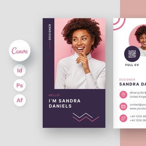May include: A purple and pink business card with a photo of a woman smiling. The card says "Hello! I'm Sandra Daniels" and "Designer". The card also includes contact information, including a phone number, email address, and website address.