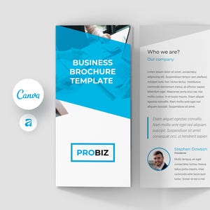 May include: A business brochure template with a modern design. The cover features a blue and white color scheme with the text "BUSINESS BROCHURE TEMPLATE" and the "PROBIZ" logo. The brochure is open, displaying content.