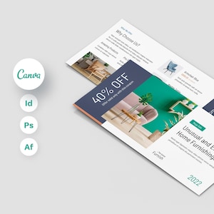 Flyersjabloon couponcode voor meubelbedrijf, kortingscatalogus, marketingcanvaontwerp, groothandelflyer, canvassjabloon, productenlijst