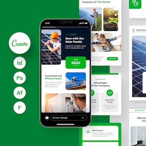 Może przedstawiać: Ekran telefonu komórkowego wyświetlający stronę internetową firmy sprzedającej panele słoneczne. Strona zawiera zdjęcia paneli słonecznych, turbin wiatrowych i samochodów elektrycznych. Tekst na ekranie brzmi "Oszczędzaj z naszymi panelami słonecznymi" i "Zacznij korzystać z darmowej energii".
