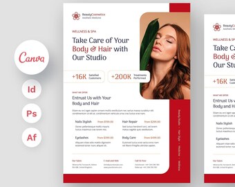 Beauty Salon Flyer Template, Hair, Nails, Eyelashes, Canva, Photoshop, PDF