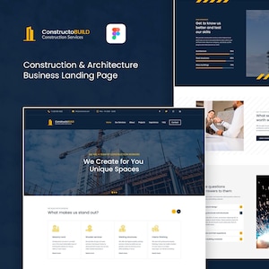 May include: A website landing page for a construction and architecture company called ConstructoBUILD. The page features a blue and yellow color scheme with images of buildings under construction and a team of construction workers. The text on the page highlights the company's services and experience.