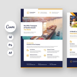 Puede incluir: Un folleto azul y amarillo con el texto "Transportation Logistics Services" y "A World Leader in International Transport". El folleto anuncia entrega rápida, seguimiento de envíos, servicio de almacén, paquete seguro, grandes dimensiones y soporte 24/7.