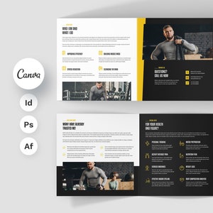 Brochure per personal trainer modello Canva quadrato a tre ante, allenatore di fitness, design aziendale, modello di brochure, listino prezzi, offerta palestra, fai da te