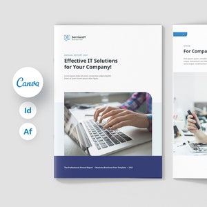 以下が含まれることがあります： 「あなたの会社のための効果的なITソリューション！」というタイトルの白と青のパンフレット。ラップトップで作業する人と回路基板で作業する人の写真が掲載されています。