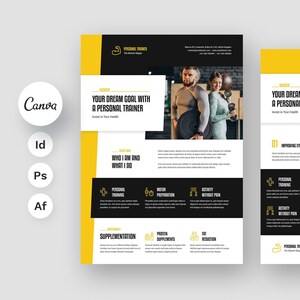 May include: A black and yellow flyer with the text "YOUR DREAM GOAL WITH A PERSONAL TRAINER" and a photo of a man and woman lifting weights in a gym. The flyer also includes information about personal training, nutrition, and supplementation.